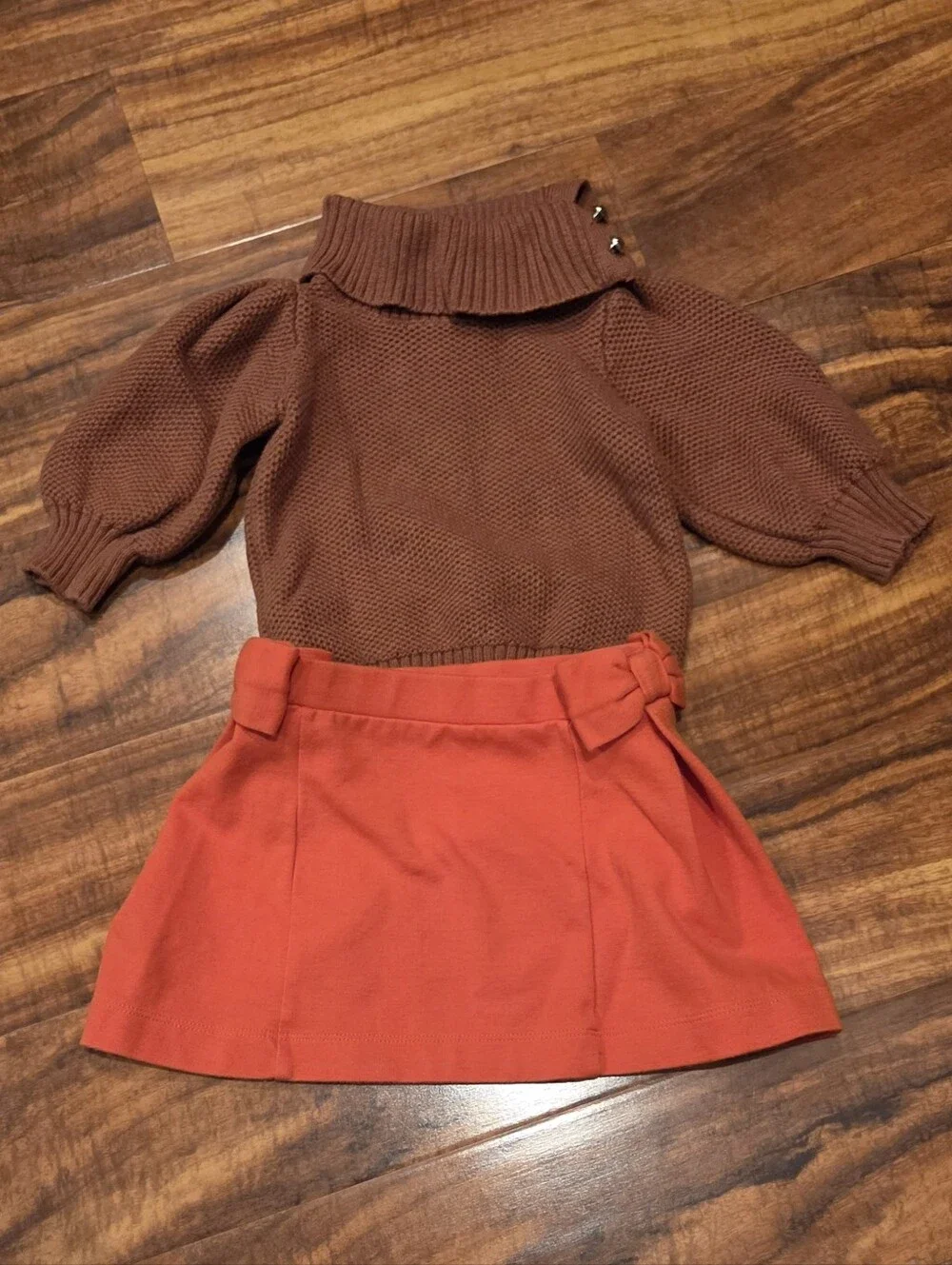 Janie and Jack VGUC 18-24 Months Brown Knit Sweater and Orange Bow Ponte Skirt
